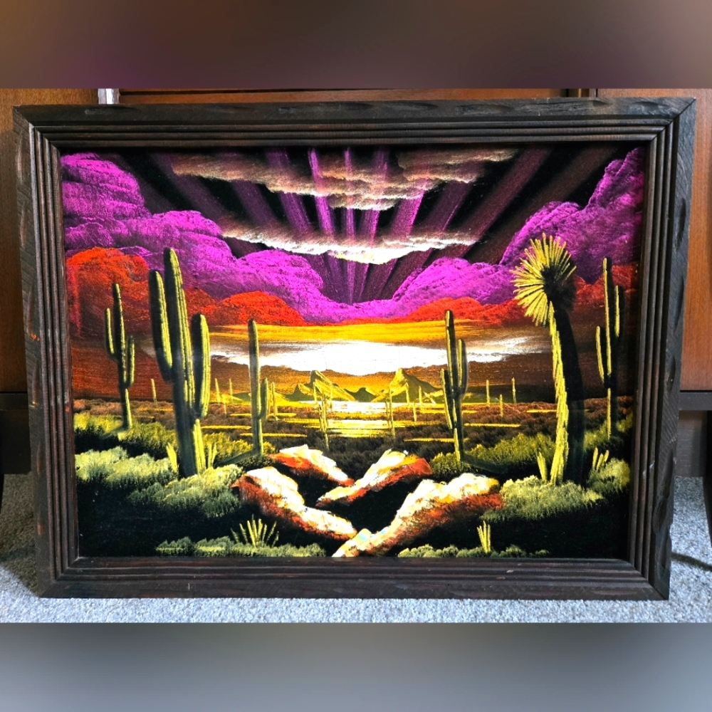 Vintage 60s 70s hand painted framed velvet desert landscape wall art Painting